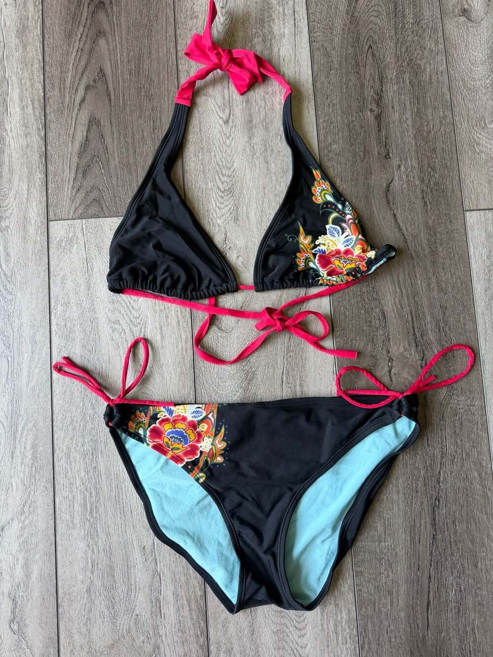 Athleta Black and Pink Floral Halter Bikini Set with Side-Tie Bottoms